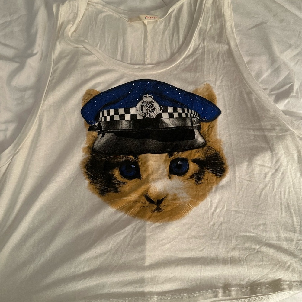 Papaya Cat Tank Top with Police Hat - White and Blue